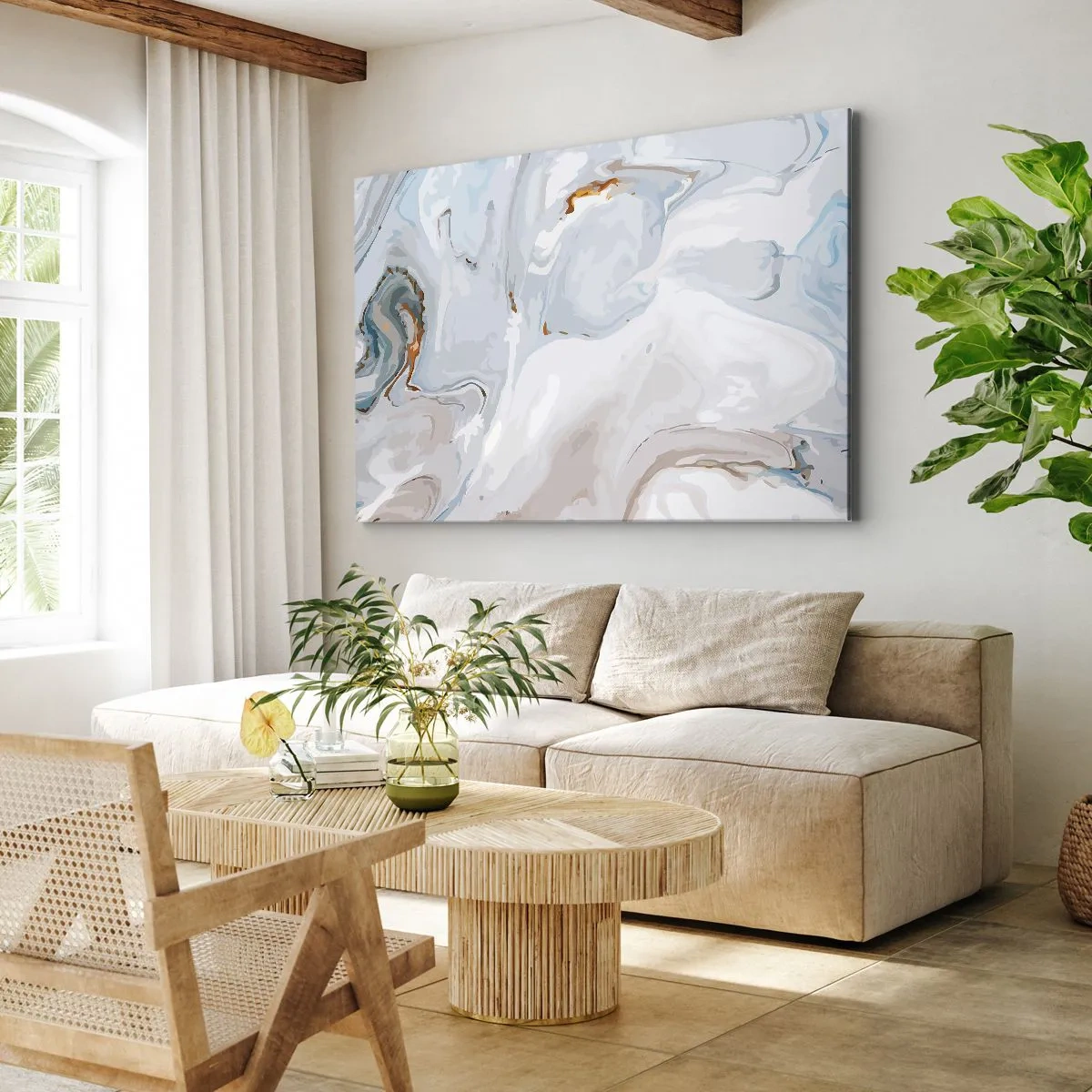 Schilderen op canvas - Abstracte golven in tinten blauw en wit - 70x50cm - Het wit is verheven - Moderne wanddecoratie voor woonkamer en slaapkamer ARTTOR