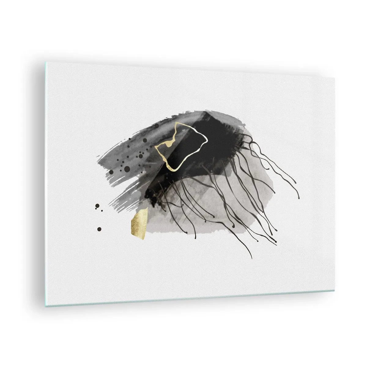 Schilderen op glas - Abstracte compositie van zwart en goud op een witte achtergrond - 70x50cm - In zwart en goud - Moderne wanddecoratie voor woonkamer en slaapkamer ARTTOR