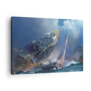 Schilderen op canvas - Een zeilboot in een storm aan de voet van een enorme rots - 70x50cm - Wie de moed heeft, wint - Moderne wanddecoratie voor woonkamer en slaapkamer ARTTOR