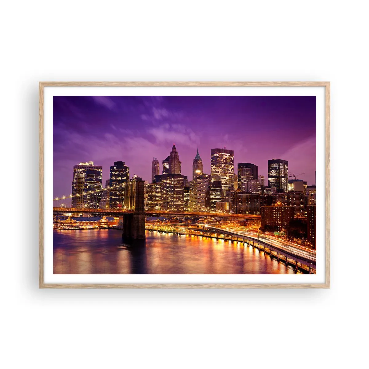 Een poster in een licht eiken lijst - Violet-goud Manhattan - 100x70 cm