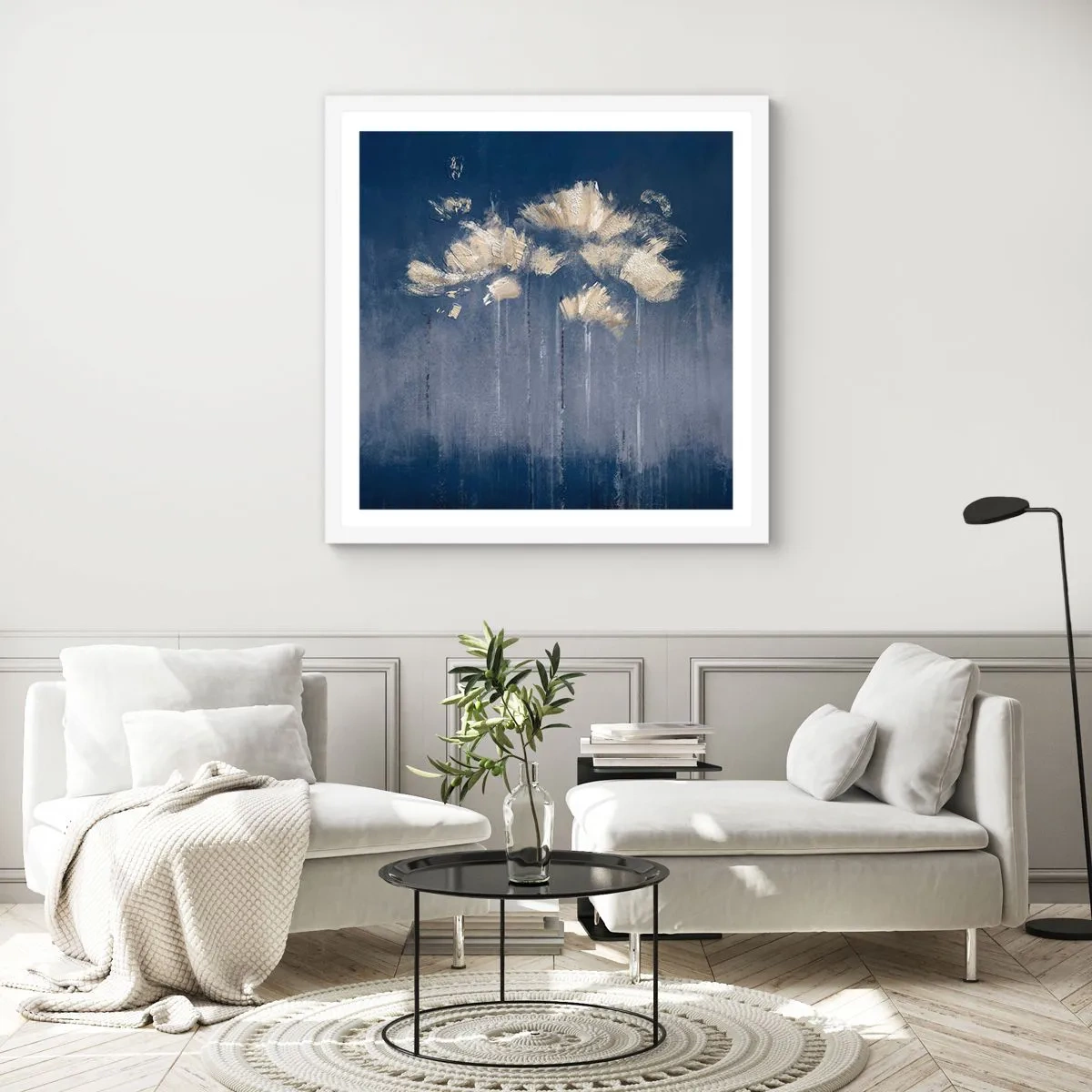 Poster in een witte lijst - Als bloemblaadjes in de wind - 50x50 cm