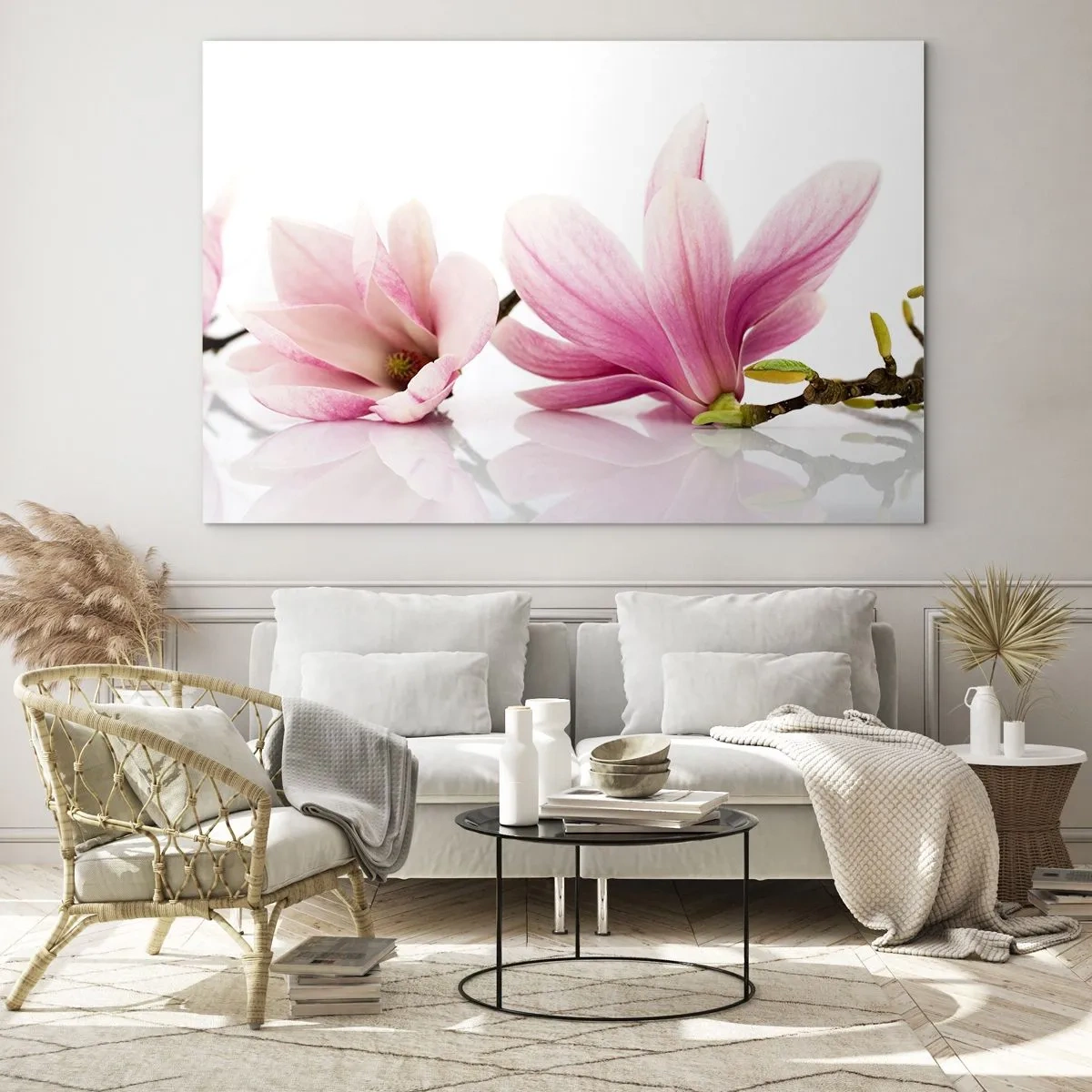 Schilderen op glas - Delicate magnoliabloemen op een witte achtergrond - 70x50cm - Delicaat als een lentebriesje - Moderne wanddecoratie voor woonkamer en slaapkamer ARTTOR