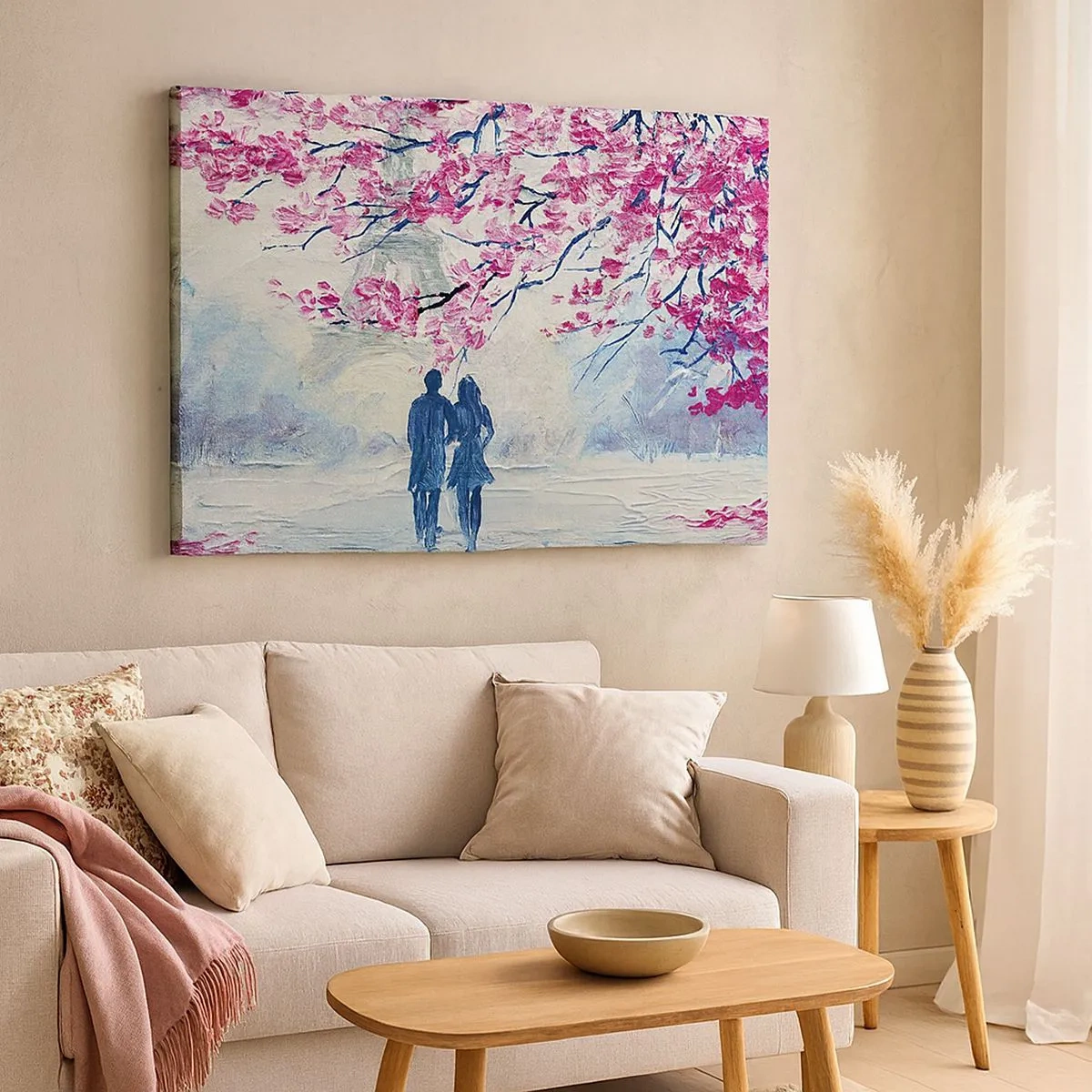 Schilderen op canvas - Een stel onder bloeiende roze bomen in een romantische setting - 70x50cm - Een romantische wandeling - Moderne wanddecoratie voor woonkamer en slaapkamer ARTTOR