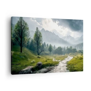 Schilderen op canvas - Een berglandschap met een rivier en bomen omgeven door mistige bergen - 70x50cm - Daarheen en terug - Moderne wanddecoratie voor woonkamer en slaapkamer ARTTOR