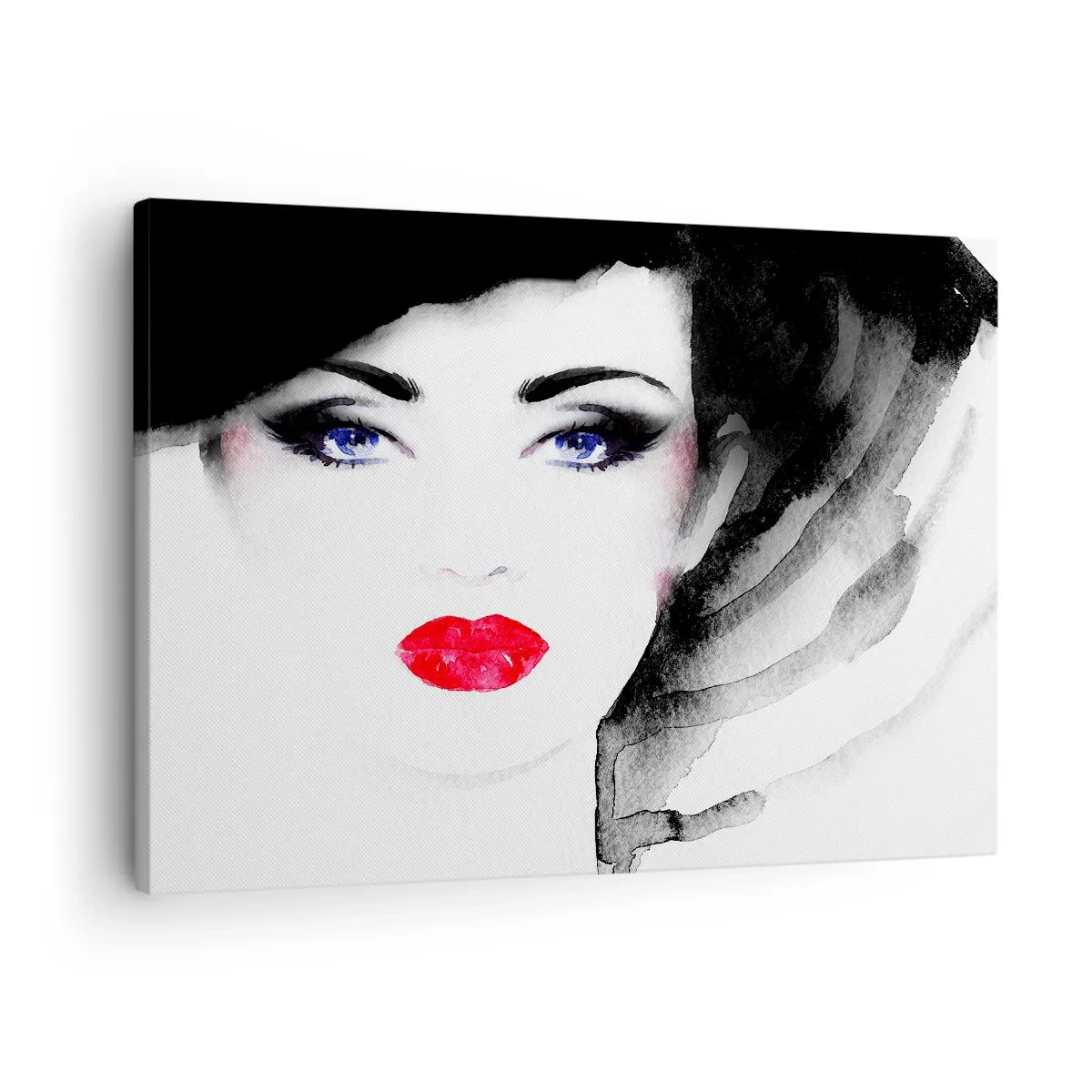 Schilderen op canvas - Portret van een vrouw met rode lippen en intens blauwe ogen - 70x50cm - Hij duwt terug en roept - Moderne wanddecoratie voor woonkamer en slaapkamer ARTTOR