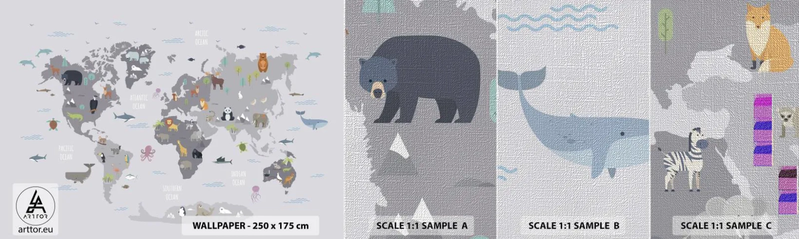 Fotobehang Monster Premium Canvas - Vertel me waar je vandaan komt ... - Wereldkaart, Dieren, Continenten - 100x30 cm