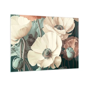 Schilderen op glas - Delicate room- en zalmkleurige klaprozen op een donkere achtergrond - 70x50cm - Het gefluister van klaprozen - Moderne wanddecoratie voor woonkamer en slaapkamer ARTTOR