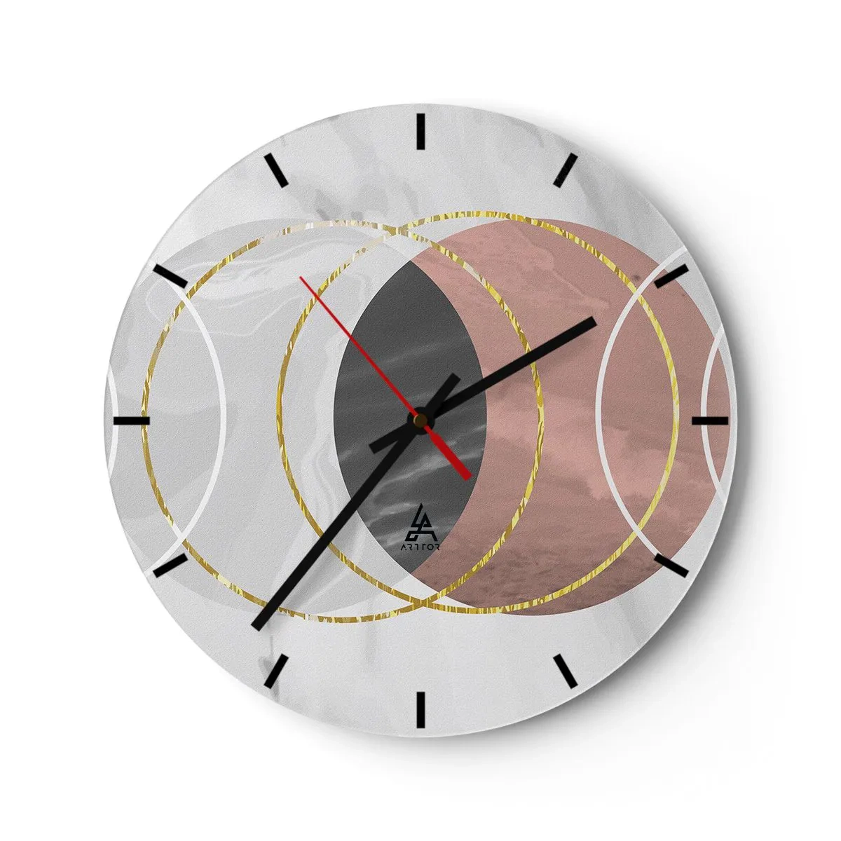 Wandklok - Klok - Geometrische cirkels in tinten grijs en koper met gouden accenten - 30x30cm - Muziek van de sferen - Moderne wanddecoratie voor woonkamer, keuken en slaapkamer ARTTOR