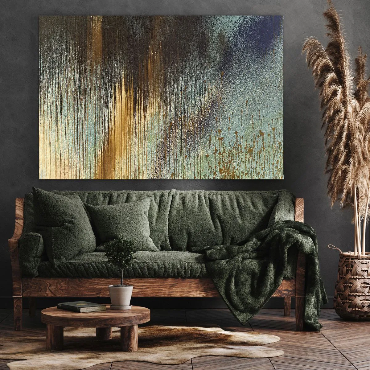 Schilderen op canvas - Een abstracte compositie van kleuren in tinten goud, bruin en blauw. - 70x50cm - Een niet toevallig kleurrijke compositie - Moderne wanddecoratie voor woonkamer en slaapkamer ARTTOR