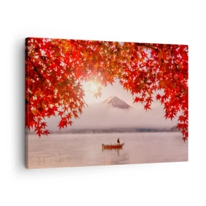 Schilderen op canvas - Een boot op een meer omringd door rode esdoornbladeren - 70x50cm - In het Japanse klimaat - Moderne wanddecoratie voor woonkamer en slaapkamer ARTTOR