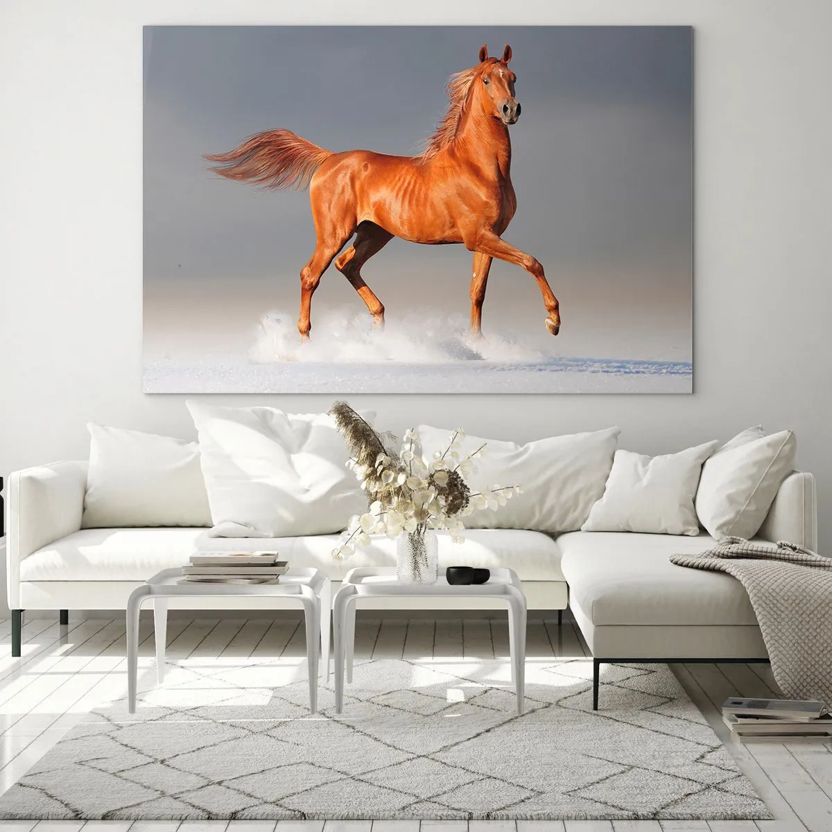 Schilderen op glas - Een galopperend paard tegen een heldere lucht - 70x50cm - Dansende elegantie - Moderne wanddecoratie voor woonkamer en slaapkamer ARTTOR