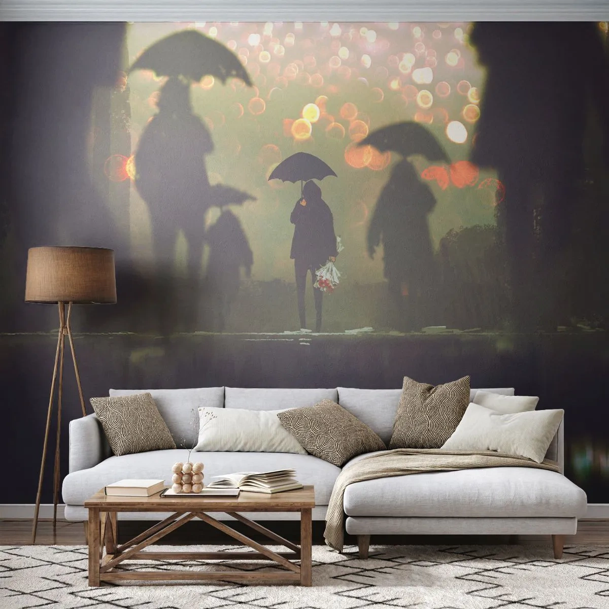 Fotobehang Standard Eco - Een figuur met een paraplu in de regen, omringd door mistige silhouetten - 100x70cm - Vanuit het perspectief van een regendruppel - Moderne wanddecoratie voor woonkamer en slaapkamer ARTTOR