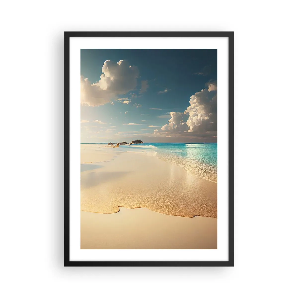 Poster in een zwarte lijst - Een strand met turquoise water, delicate wolken en zand - 50x70cm - Een droomdag - Moderne wanddecoratie voor woonkamer en slaapkamer ARTTOR