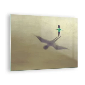 Schilderen op glas - Een jongen met een vogelvormige schaduw op een beige achtergrond - 70x50cm - De held van de toekomst - Moderne wanddecoratie voor woonkamer en slaapkamer ARTTOR