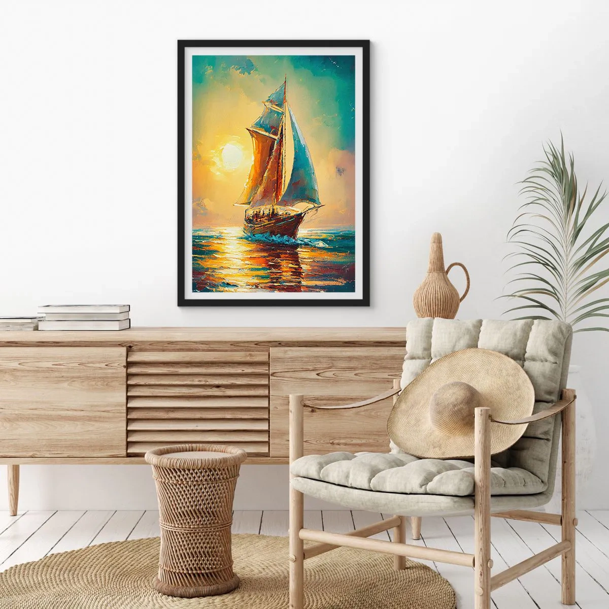 Poster in een zwarte lijst - Een zeilschip tegen de achtergrond van een gouden zonsondergang - 50x70cm - Onder vol zeil - Moderne wanddecoratie voor woonkamer en slaapkamer ARTTOR