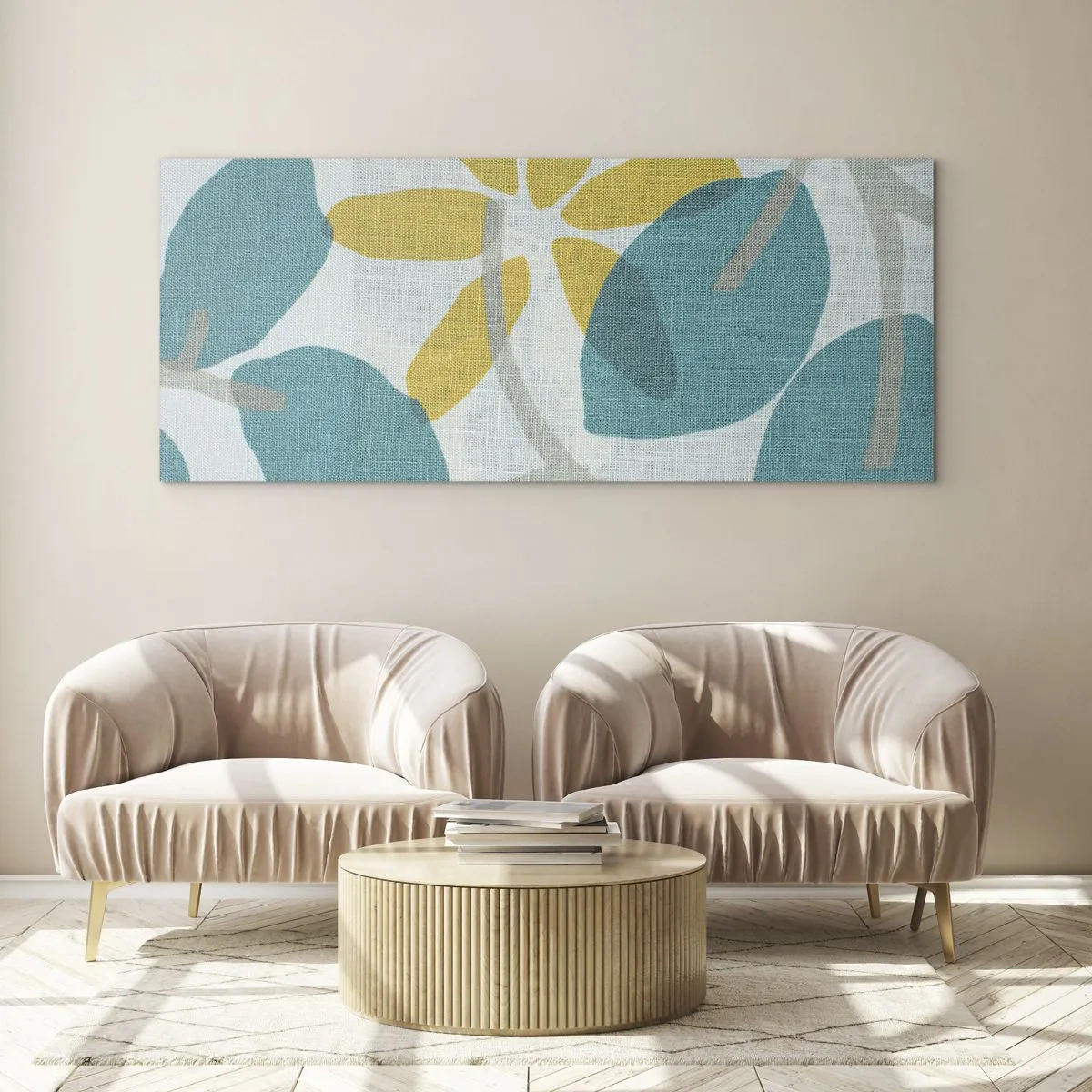 Schilderen op glas - Tussen de azuurblauwe bladeren - 100x40 cm