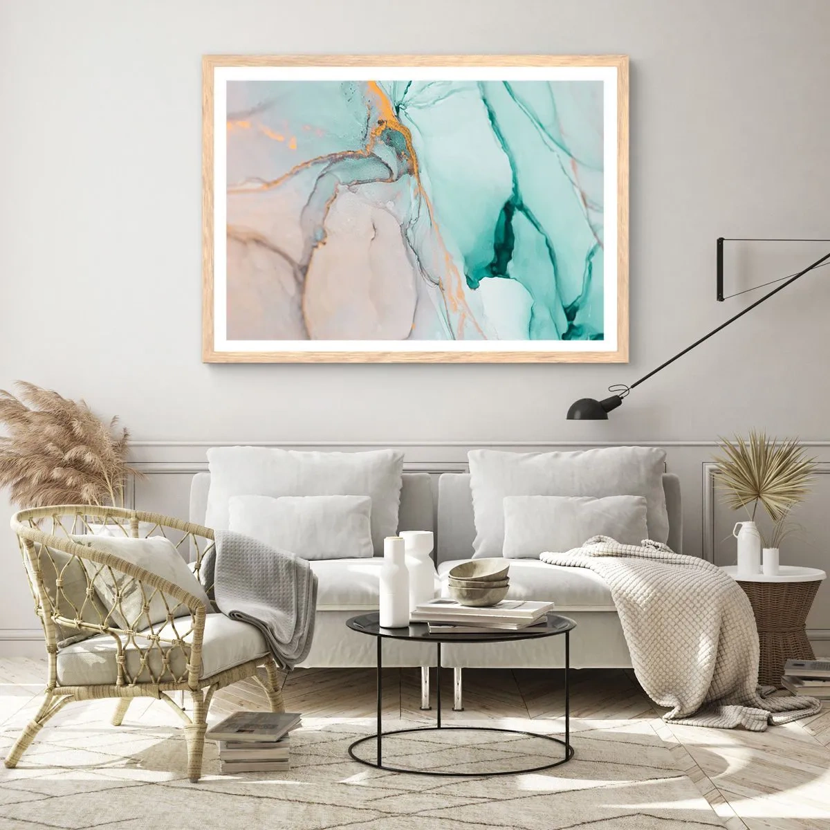 Een poster in een licht eiken lijst - Een dans van vormen en kleuren - 91x61 cm