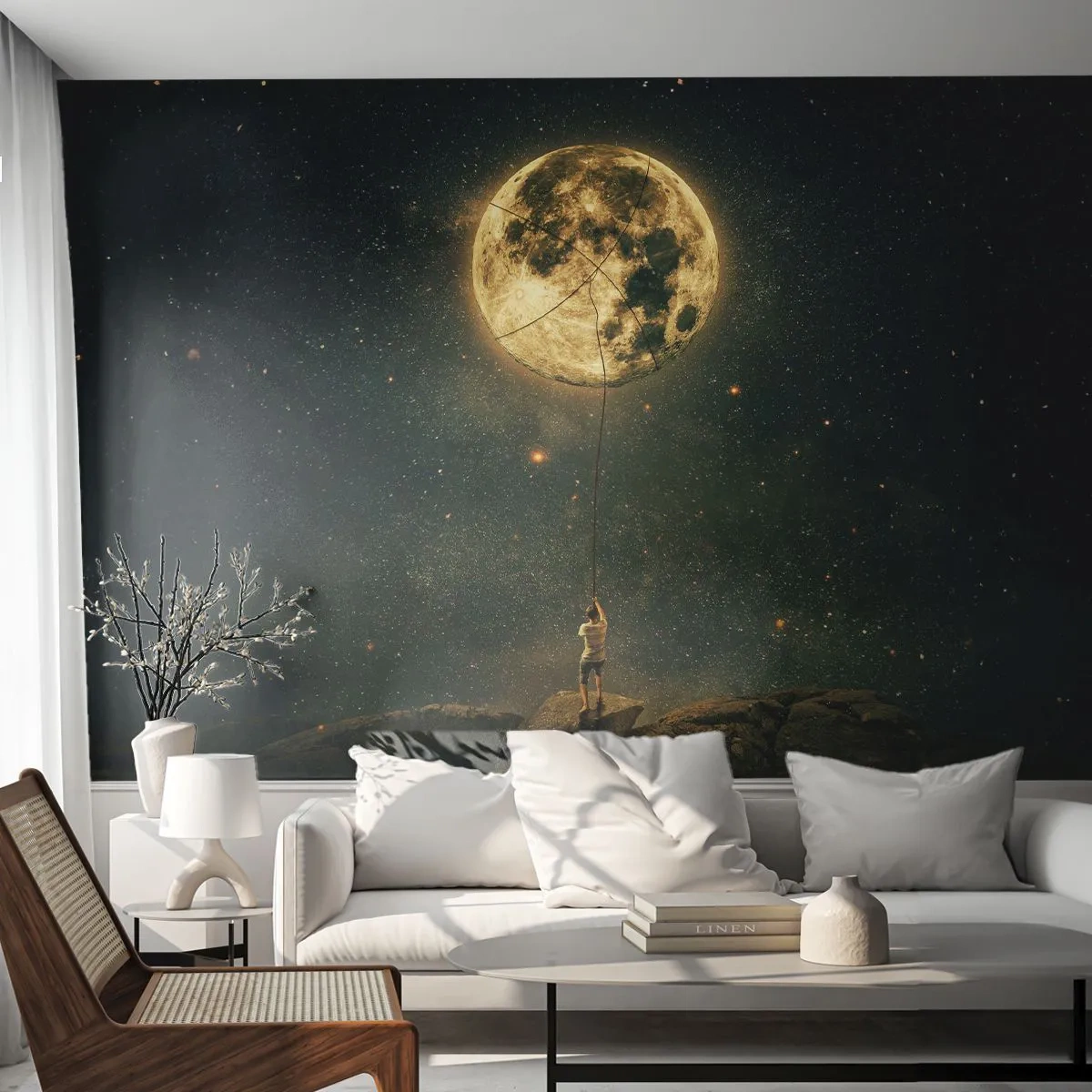 Fotobehang Premium Sand - Iemand die de maan heeft gestolen - Maan, Sterren, Verbeelding - 100x70 cm