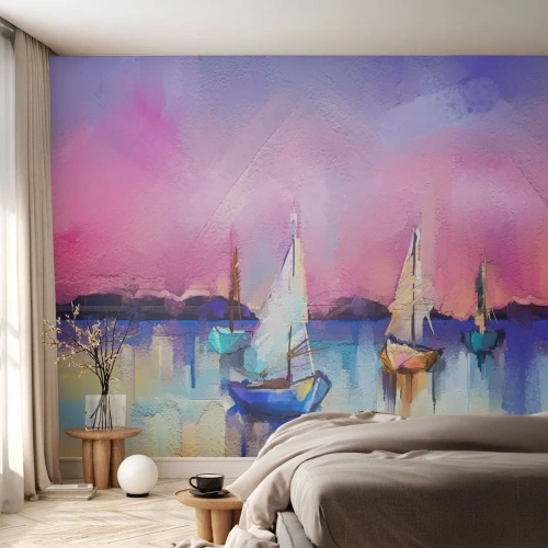 Fotobehang Standard Eco - Zeilboten op kalm water in impressionistische tinten - 100x70cm - Richting: breed water - Moderne wanddecoratie voor woonkamer en slaapkamer ARTTOR