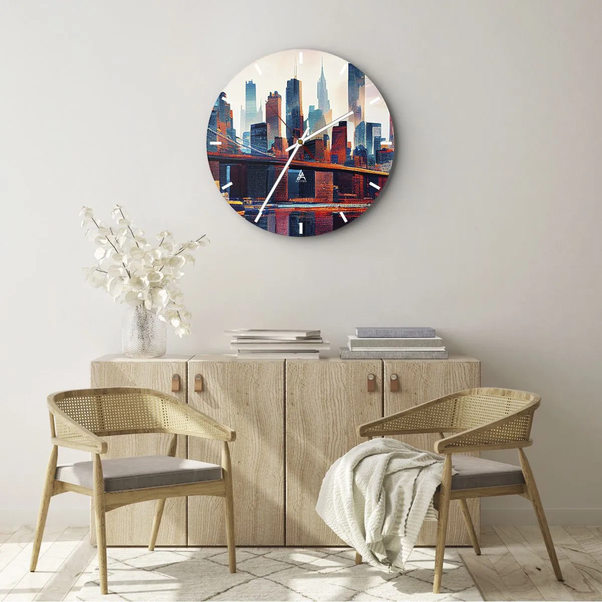 Wandklok - Klok - Skyline van New York City met brug en weerspiegeling in het water bij zonsondergang - 30x30cm - Een droomachtig New York - Moderne wanddecoratie voor woonkamer, keuken en slaapkamer ARTTOR