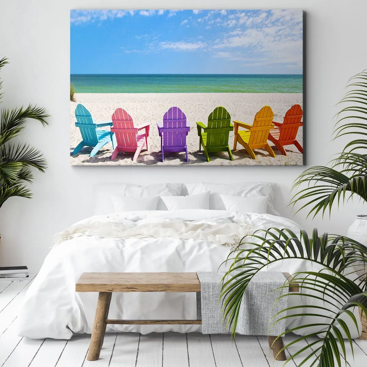 Schilderen op canvas - Kleurrijke ligstoelen op het strand met uitzicht op de zee - 70x50cm - Regenboog strand - Moderne wanddecoratie voor woonkamer en slaapkamer ARTTOR