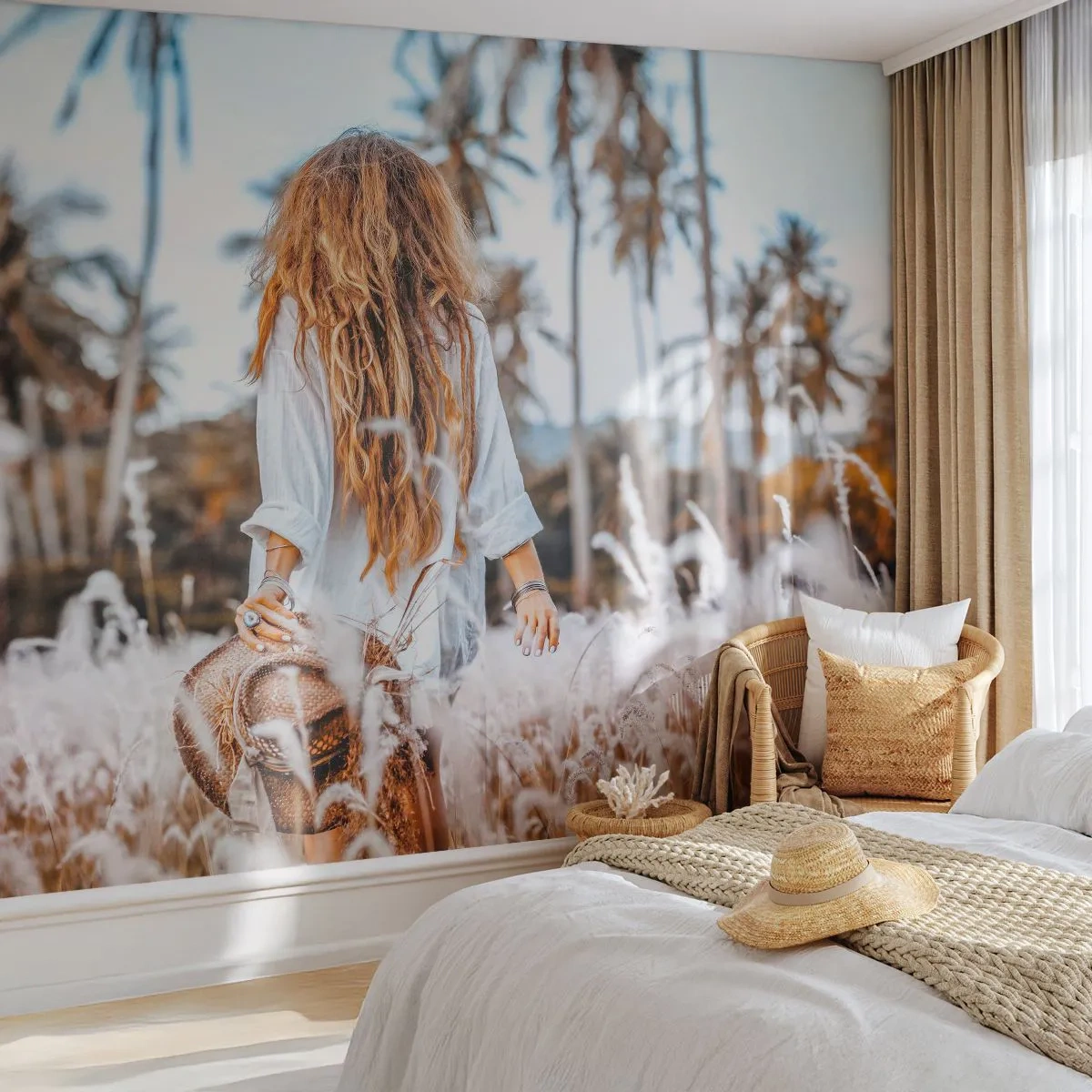 Fotobehang Premium Sand - Geboren uit graspluis - Vrouw, Vintage, Boho - 100x70 cm