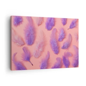 Schilderen op canvas - Paarse en roze veren op een pastelkleurige achtergrond - 70x50cm - Lila vogel van verlangen - Moderne wanddecoratie voor woonkamer en slaapkamer ARTTOR