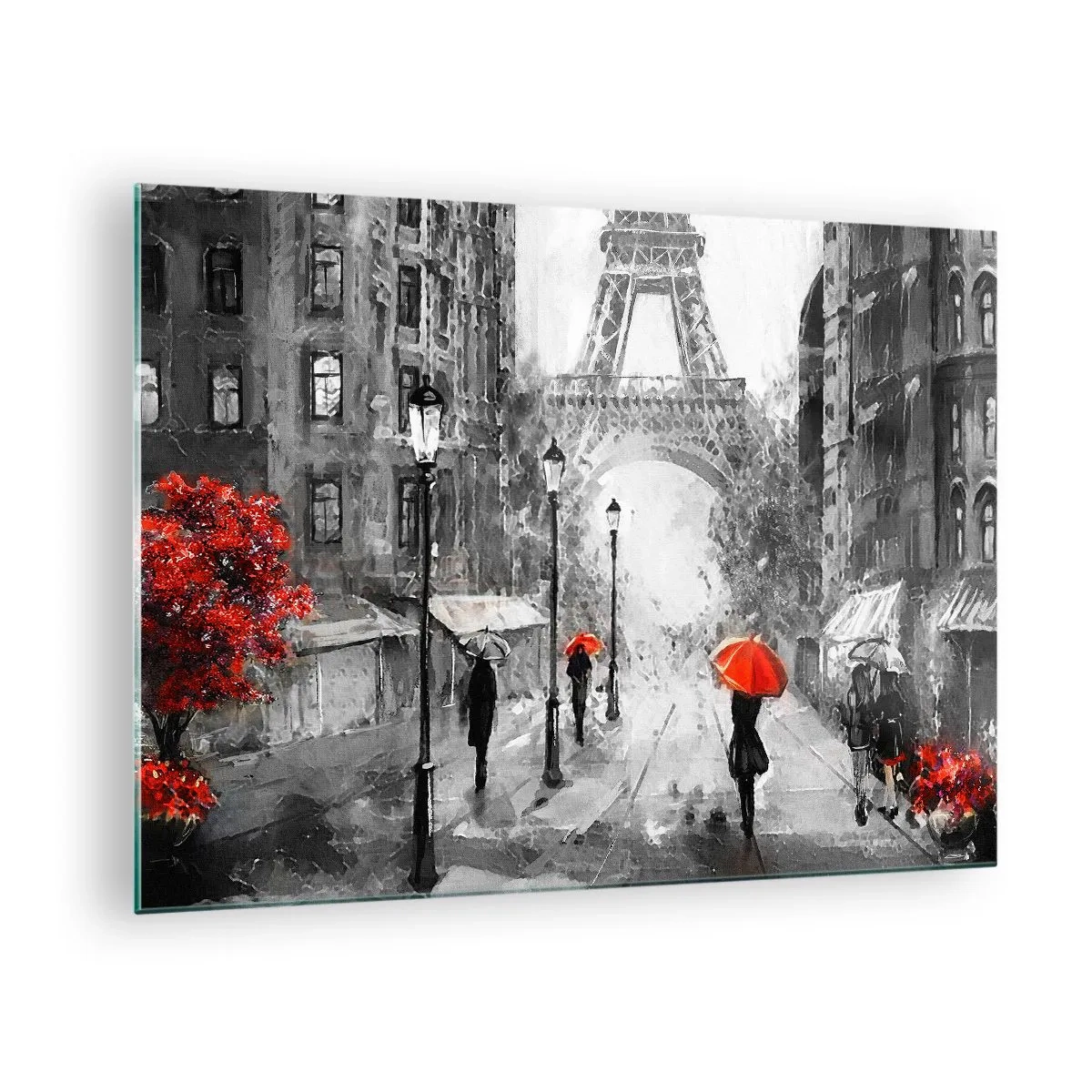 Schilderen op glas - De Eiffeltoren in een monochroom landschap met rode accenten - 70x50cm - Alle wegen leiden naar haar - Moderne wanddecoratie voor woonkamer en slaapkamer ARTTOR
