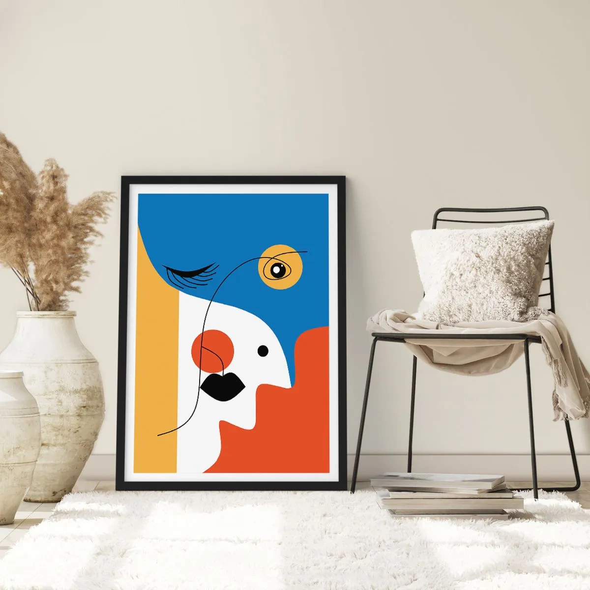 Poster in een zwarte lijst - Een kubistisch portret in sterke kleuren - 50x70cm - Gedeconstrueerd portret - Moderne wanddecoratie voor woonkamer en slaapkamer ARTTOR