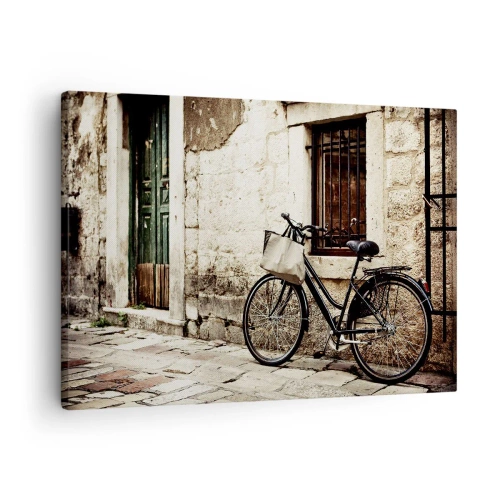 Schilderen op canvas - Een fiets tegen een stenen muur met een raam en deur in retrostijl - 70x50cm - Terug naar het verleden - Moderne wanddecoratie voor woonkamer en slaapkamer ARTTOR