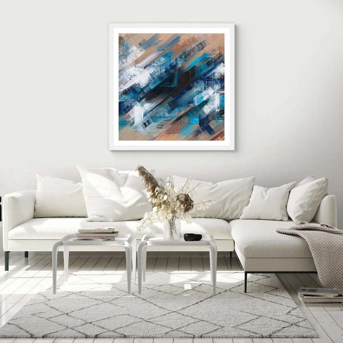 Poster in een witte lijst - Op een blauwe diagonaal - 50x50 cm