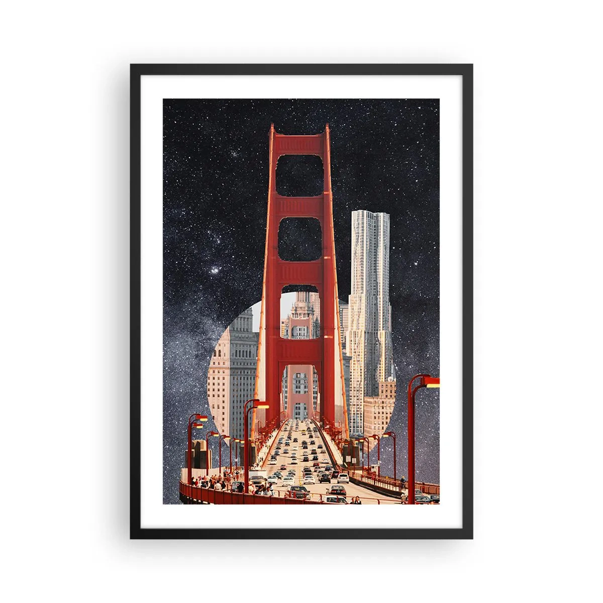 Poster in een zwarte lijst - Een brug en wolkenkrabbers tegen de sterrenhemel - 50x70cm - Altijd in het centrum - Moderne wanddecoratie voor woonkamer en slaapkamer ARTTOR