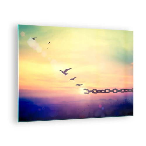 Schilderen op glas - Vogels in vlucht tegen de achtergrond van een ketting en een zonsondergang - 70x50cm - De overwinning van vrijheid - Moderne wanddecoratie voor woonkamer en slaapkamer ARTTOR