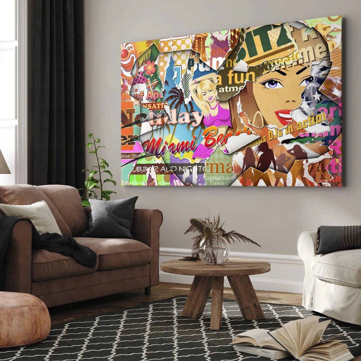 Schilderen op canvas - Een kleurrijke collage met retro- en pop-artelementen. - 70x50cm - Zomerse flashbacks - Moderne wanddecoratie voor woonkamer en slaapkamer ARTTOR