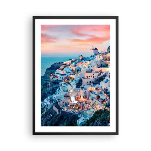 Poster in een zwarte lijst - Schilderachtig uitzicht op de verlichte huizen op Santorini bij zonsondergang - 50x70cm - Je geweldige Griekse vakantie - Moderne wanddecoratie voor woonkamer en slaapkamer ARTTOR