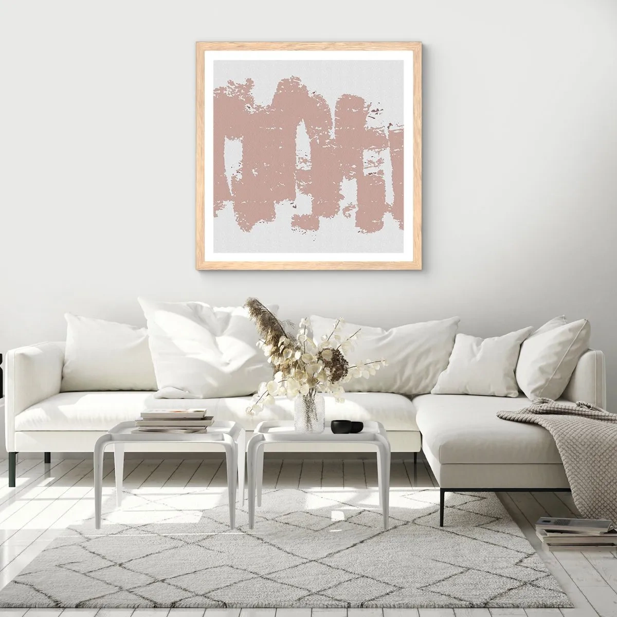 Een poster in een licht eiken lijst - Abstractie in zachtroze - 50x50 cm