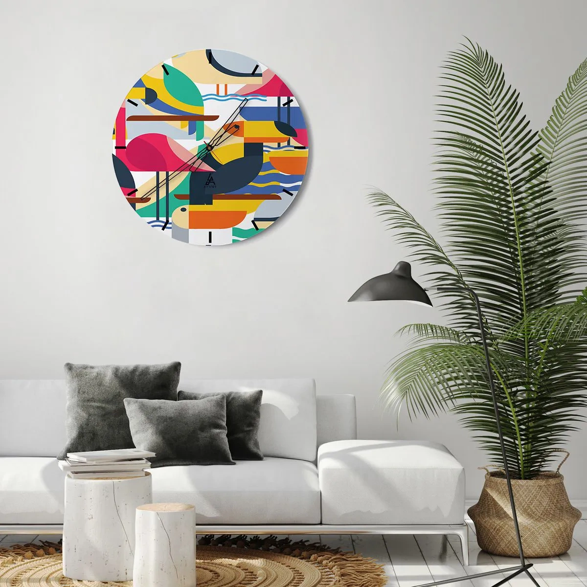 Wandklok - Klok - Een kleurrijk patroon met vogels en geometrische vormen - 30x30cm - Vogelfeestje - Moderne wanddecoratie voor woonkamer, keuken en slaapkamer ARTTOR
