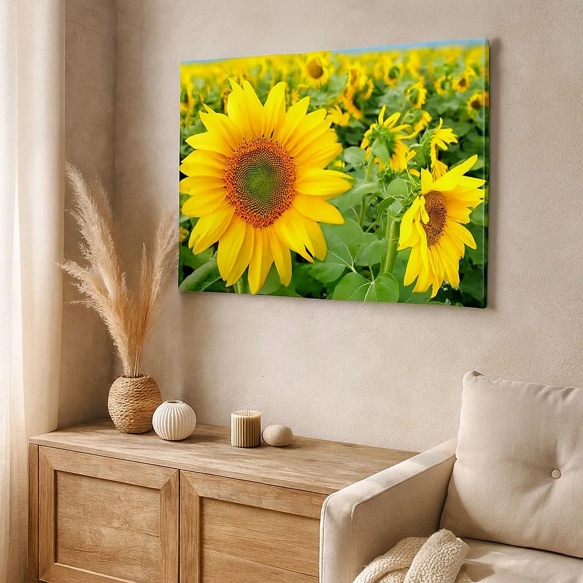 Schilderen op canvas - Een veld zonnebloemen met gele bloemen tegen een achtergrond van groene bladeren - 70x50cm - Honderden zonnen vlamden op - Moderne wanddecoratie voor woonkamer en slaapkamer ARTTOR