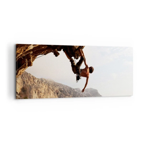 Schilderen op canvas - De wereld gekrompen in een hand op een rotsblok - 120x50 cm