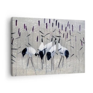 Schilderen op canvas - Reigers in het gras tegen een vredige achtergrond - 70x50cm - Onder hun eigen - Moderne wanddecoratie voor woonkamer en slaapkamer ARTTOR