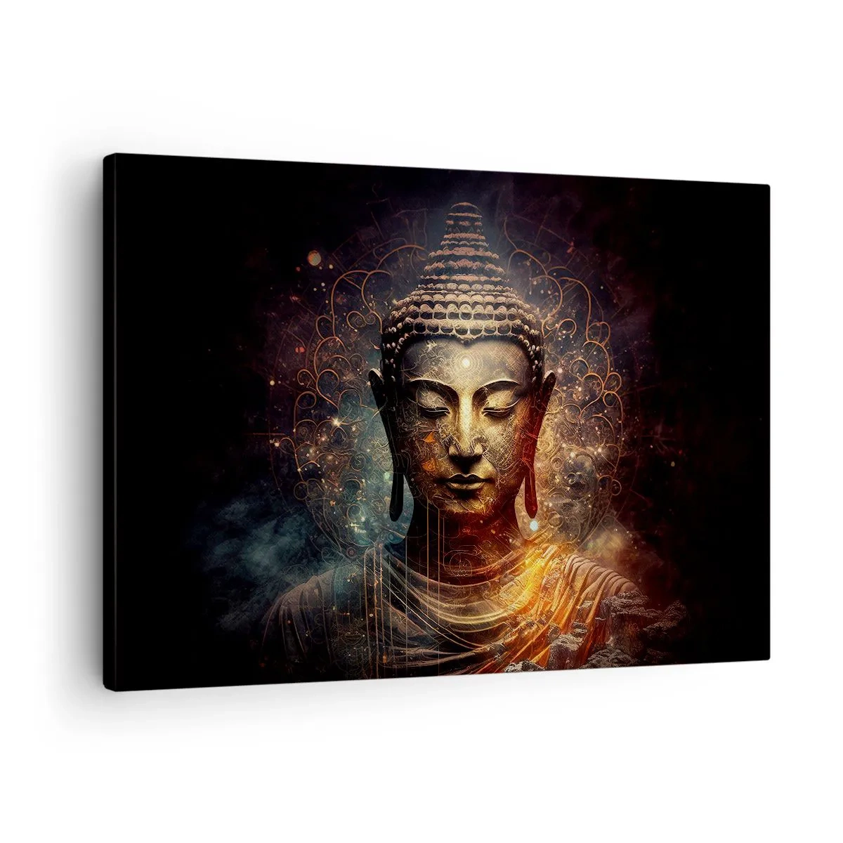 Schilderen op canvas - Gouden Boeddha op een donkere achtergrond met ornamenten - 70x50cm - Geestelijke balans - Moderne wanddecoratie voor woonkamer en slaapkamer ARTTOR