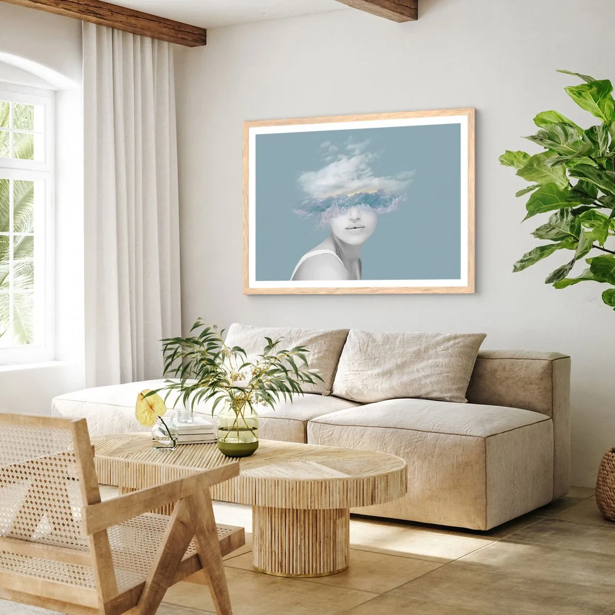 Een poster in een licht eiken lijst - Met hoofd in de wolken - 91x61 cm