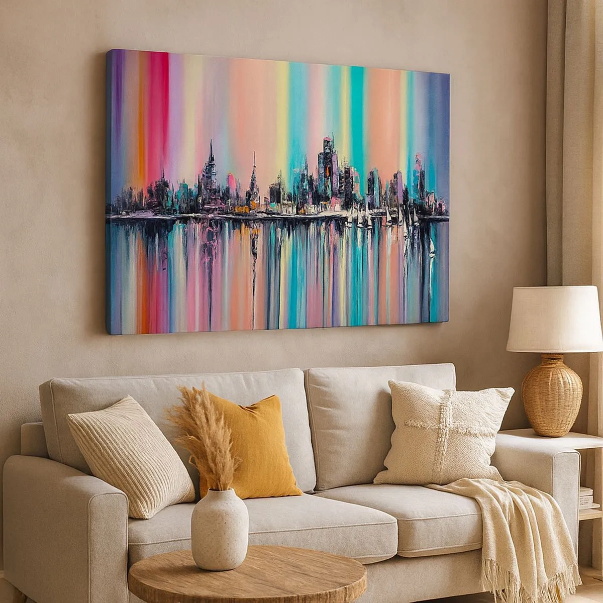 Schilderen op canvas - Kleurrijk stadsgezicht met weerspiegeling in het water - 70x50cm - Om in het licht van de nacht te vallen - Moderne wanddecoratie voor woonkamer en slaapkamer ARTTOR