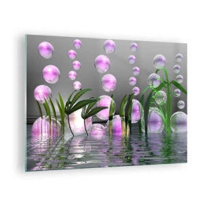 Schilderen op glas - Paarse bubbels zweven boven water met planten - 70x50cm - Een reflecterende compositie van lichtheid en leven - Moderne wanddecoratie voor woonkamer en slaapkamer ARTTOR