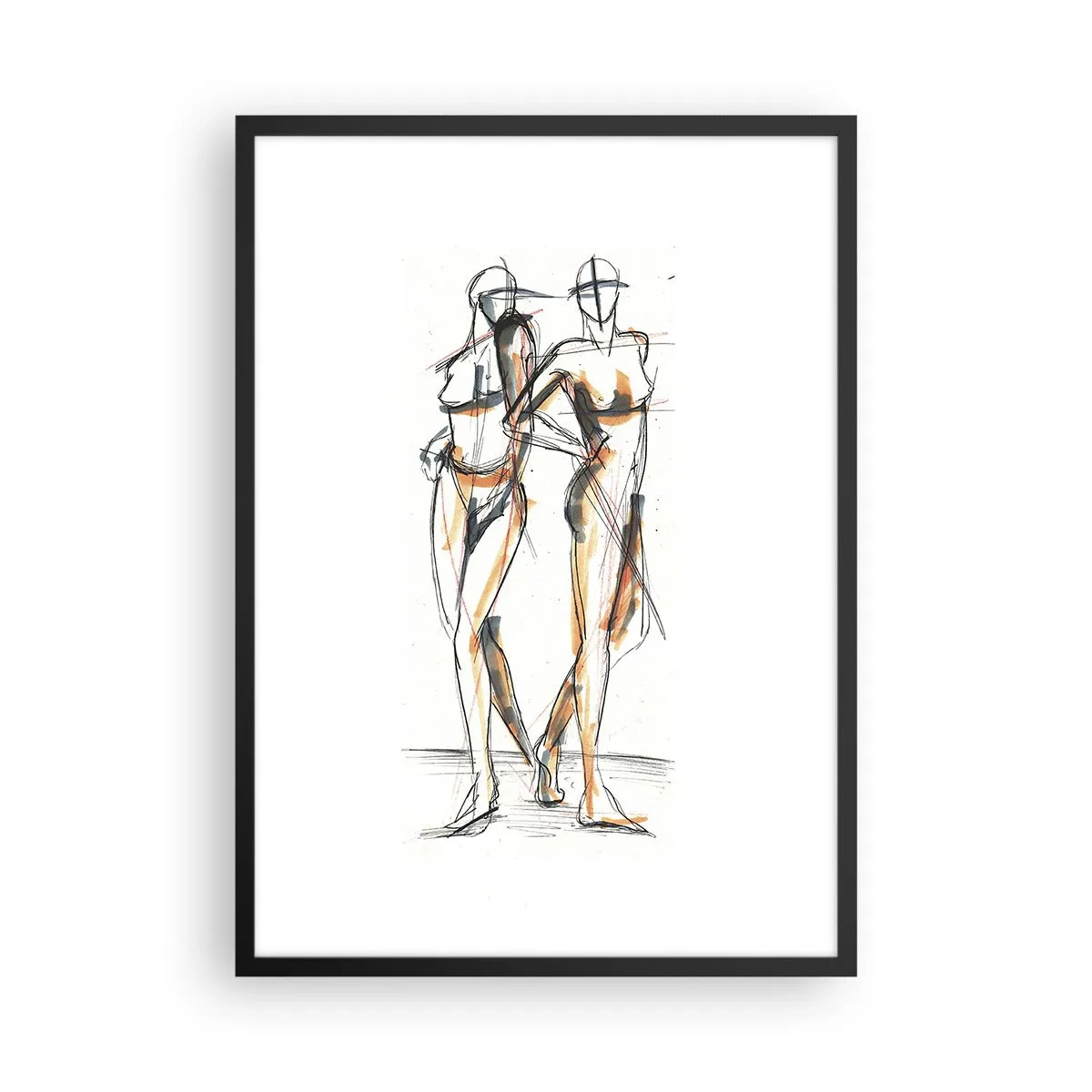 Poster in een zwarte lijst - Abstracte schets van twee figuren in warme kleuren. - 50x70cm - Een studie van genade - Moderne wanddecoratie voor woonkamer en slaapkamer ARTTOR