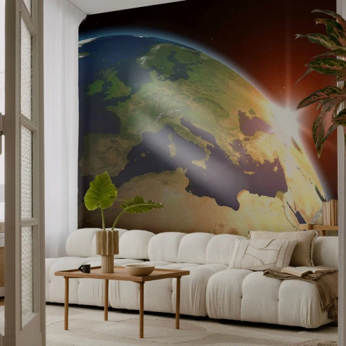 Zelfklevend Fotobehang Deluxe Sticker - Zonsopgang - Kosmos, Wereldbol, Continenten - 400x280 cm