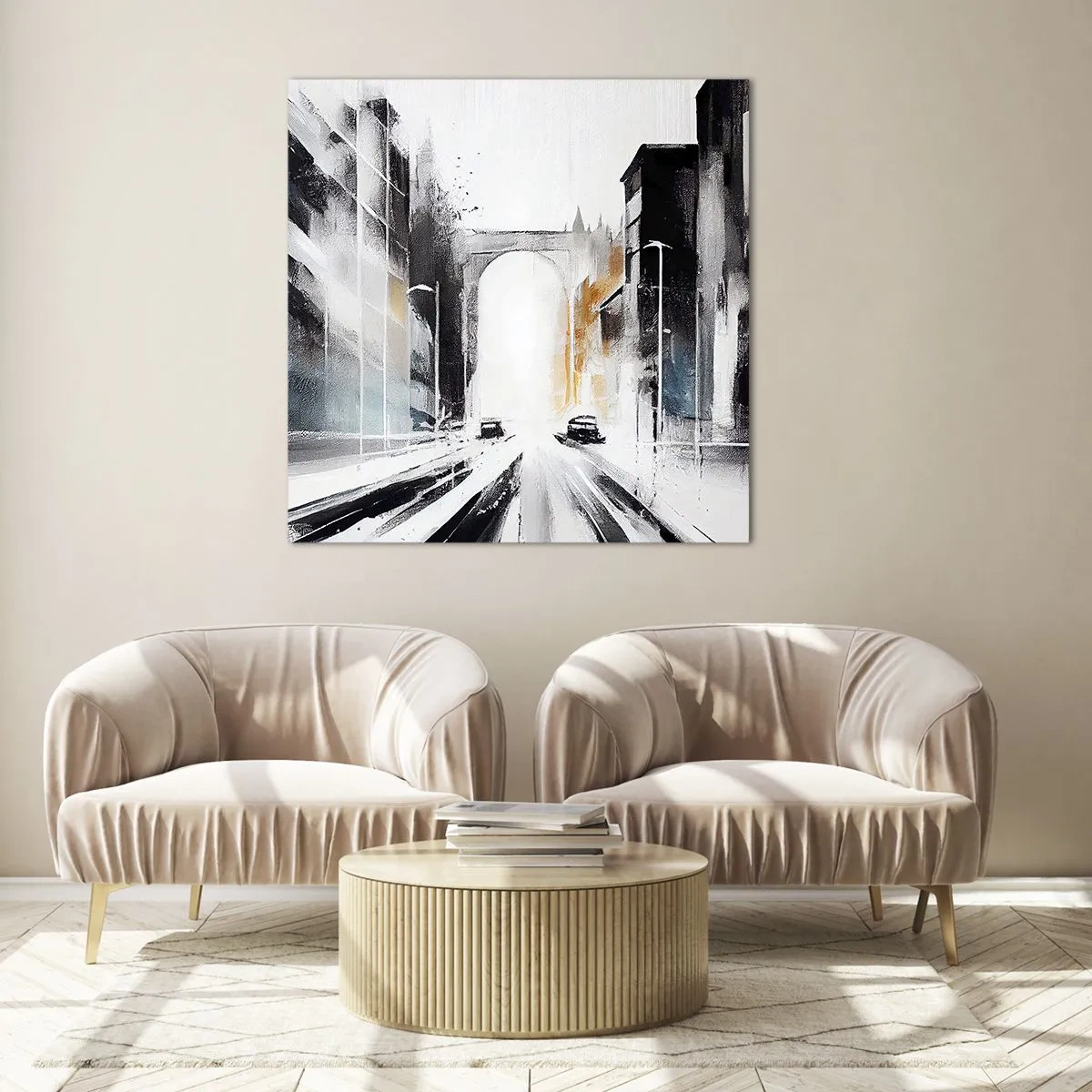 Schilderen op glas - Stadsstudie: architectuur en beweging - 50x50 cm