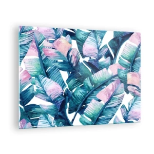 Schilderen op glas - Bananenbladeren in pasteltinten op een witte achtergrond - 70x50cm - In een bananenboomgaard - Moderne wanddecoratie voor woonkamer en slaapkamer ARTTOR