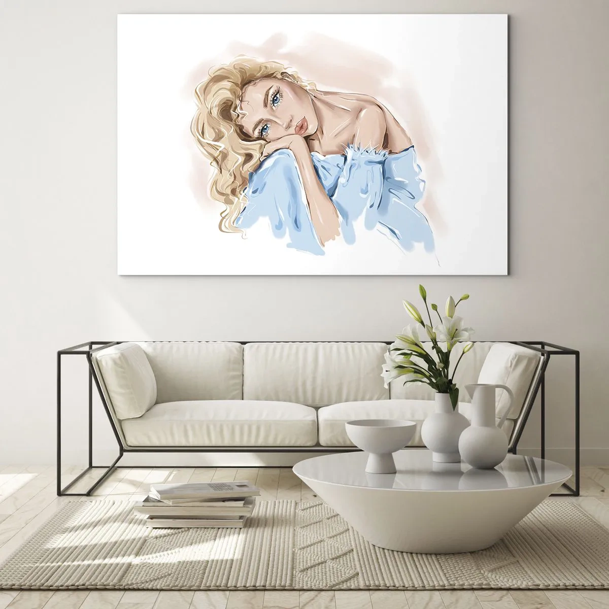Schilderen op glas - Portret van een blondine in een blauwe jurk met een nadenkende blik - 70x50cm - Dromerig in het blauw - Moderne wanddecoratie voor woonkamer en slaapkamer ARTTOR