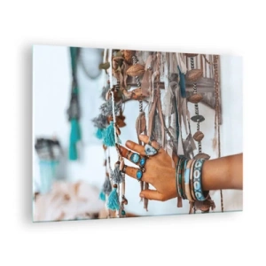 Schilderen op glas - Hand met boho-sieraden die etnische decoratie aanraken - 70x50cm - Lokale schatten - Moderne wanddecoratie voor woonkamer en slaapkamer ARTTOR